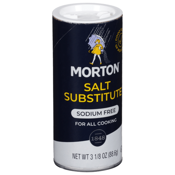 Morton Salt Substitute canister, sodium-free seasoning for all cooking, 3 1/8 oz (88.6g), featuring a graphic of a person with an umbrella.