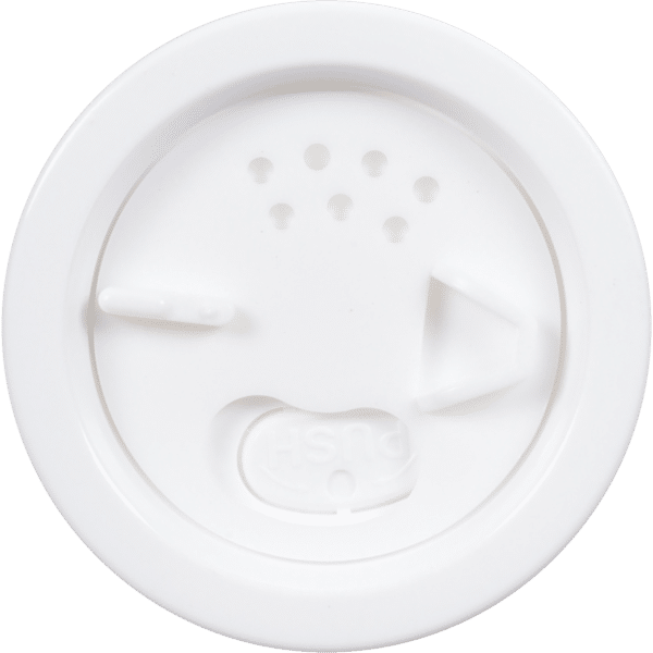 White plastic lid with a push mechanism and ventilation holes, commonly used for food containers or cups.