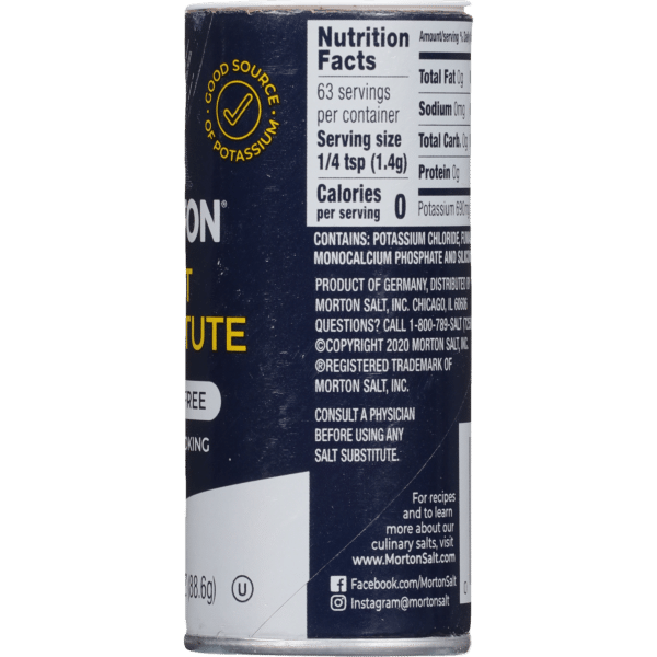 Container of Morton Salt Potassium Salt Substitute showing nutrition facts, including serving size, calories, and potassium content. The label highlights that it contains potassium chloride and is a good source of potassium, with 63 servings per container.