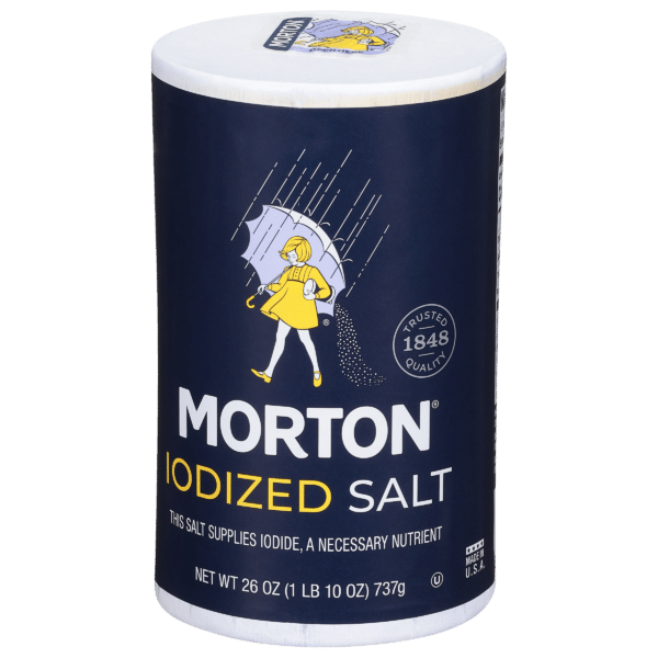 Morton iodized salt container featuring a whimsical design, emphasizing its role as a source of iodine, with a net weight of 26 ounces. Ideal for enhancing flavor and nutrition in cooking.
