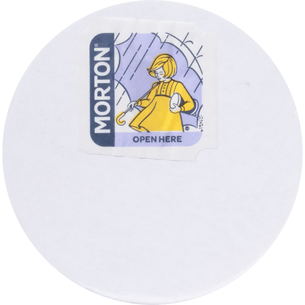 Morton brand sticker featuring a woman in a yellow raincoat holding an umbrella, with the text "OPEN HERE" for easy access.