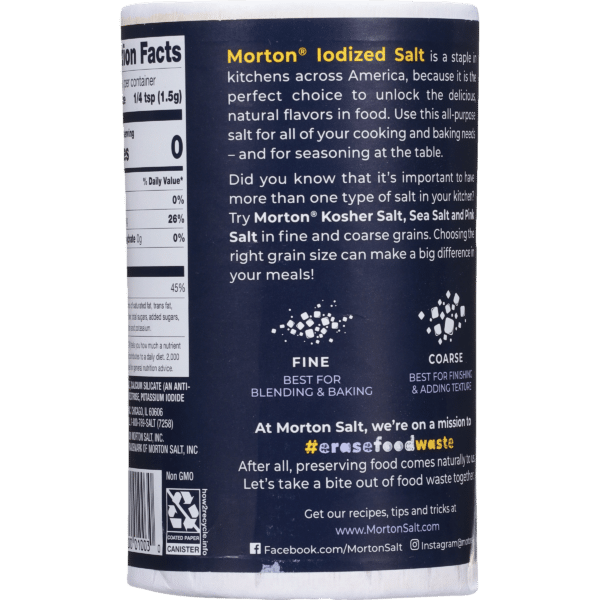 Morton iodized salt container showcasing nutrition facts and usage tips, emphasizing its role in enhancing flavors in cooking and baking. The label highlights the importance of using different salt types, including kosher and sea salt, in fine and coarse grains for optimal seasoning.