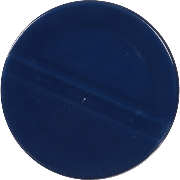 Round blue plastic disc with a smooth surface, featuring a horizontal groove and small raised dots along the edge, ideal for use in various crafts or educational activities.