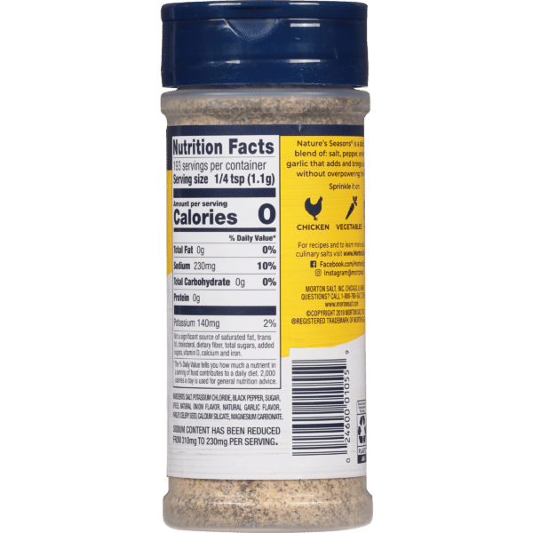 Nutrition label of Nature's Seasons seasoning blend, highlighting zero calories, low sodium, and a mix of spices including salt, pepper, and garlic. Suitable for enhancing chicken and vegetable dishes.