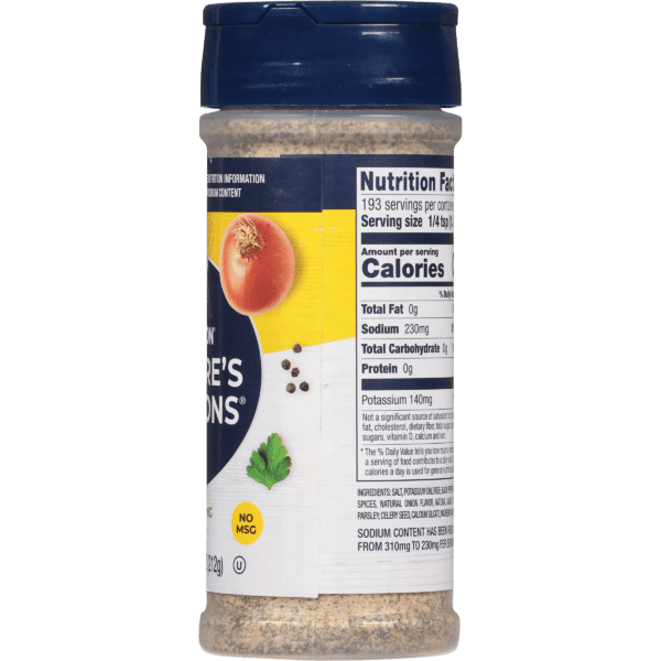 Container of seasoning blend featuring nutrition facts, highlighting zero calories, sodium content of 230mg, and no MSG. Ideal for enhancing flavor in various dishes.