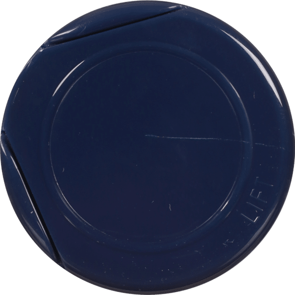Dark blue circular container with a lift tab, commonly used for packaging cosmetics or small items.