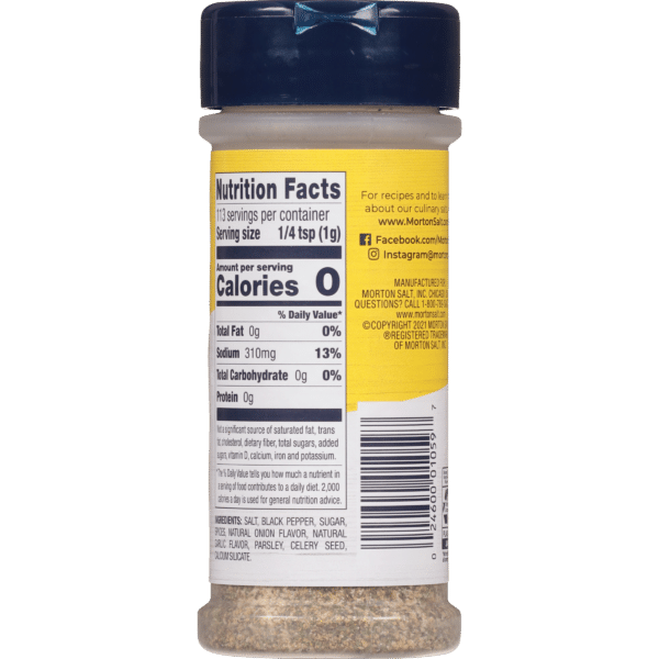 Morton Salt seasoning container displaying nutrition facts, including serving size, calorie count, sodium content, and ingredient list featuring black pepper, sugar, and natural flavors. Ideal for enhancing flavor in various dishes.