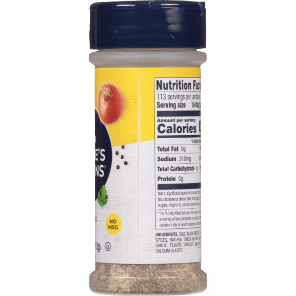 Container of seasoning with nutrition facts label, highlighting 113 servings per container, zero fat, 310mg sodium, and no MSG. Ingredients include salt, spices, onion, garlic flavor, and parsley, ideal for enhancing flavor in various dishes.