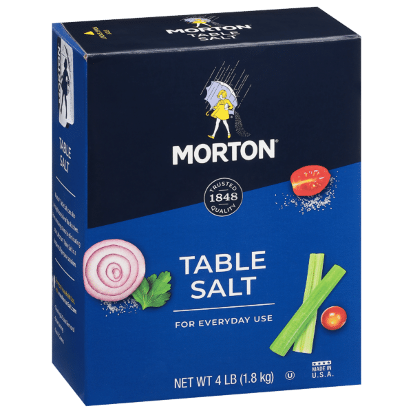 Morton Table Salt packaging featuring a blue box with an illustration of a girl with an umbrella, labeled "Table Salt" in bold white letters. The box contains 4 lbs (1.8 kg) of salt, ideal for everyday cooking and seasoning.
