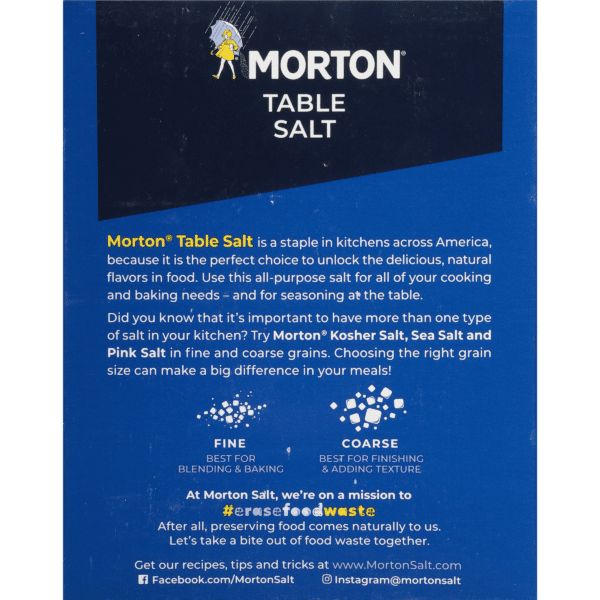 Morton Table Salt packaging highlighting its versatility as an all-purpose salt for cooking and baking, with information on different types of salt like Kosher, Sea, and Pink Salt, emphasizing the importance of grain size in food preparation.