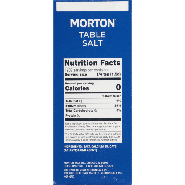 Morton Table Salt box with nutrition facts, showing 0 calories, 590mg sodium per serving (1/4 tsp), and 1209 servings per container. Ingredients include salt and calcium silicate.