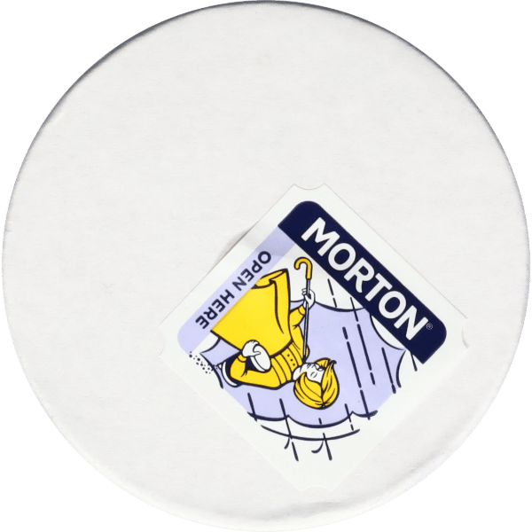 Morton salt container lid featuring the brand logo and a cartoon character holding an umbrella under rain, emphasizing the tagline "Open Here."