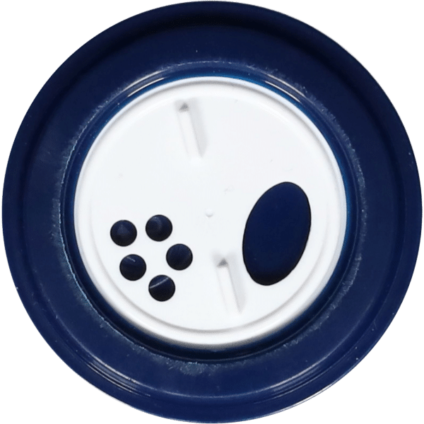 Close-up of a blue soda can lid featuring a white pull tab and five small dots, representing a typical beverage container design.