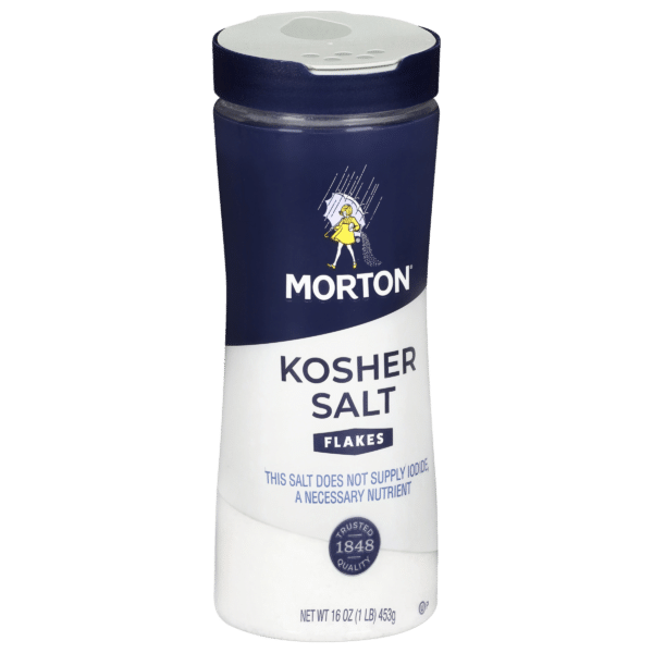 Morton Kosher Salt Flakes container, 16 oz, featuring a blue and white design with a classic logo, emphasizing its quality and use in cooking, with a note that it does not supply iodide, a necessary nutrient.