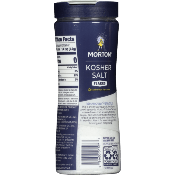 Morton Kosher Salt Flakes container, featuring nutrition facts and usage instructions, ideal for cooking and seasoning. The label highlights its versatility and suitability for Passover.