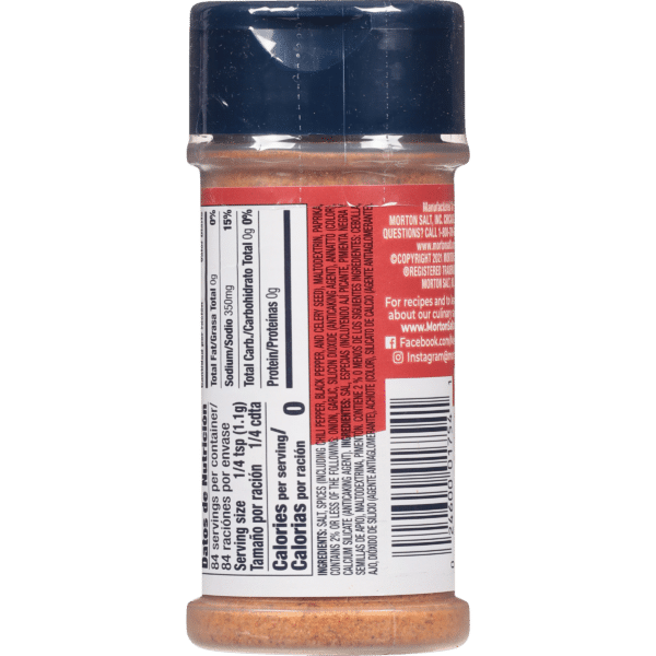 Back view of a Morton Salt seasoning container featuring nutrition facts, ingredients list, and serving size details. The label highlights zero calories per serving and includes sodium content information.