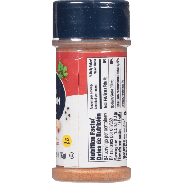 Container of seasoning blend with nutritional facts label, featuring 84 servings per container, no MSG, and a focus on sodium content. The product is designed for enhancing flavor in various dishes.