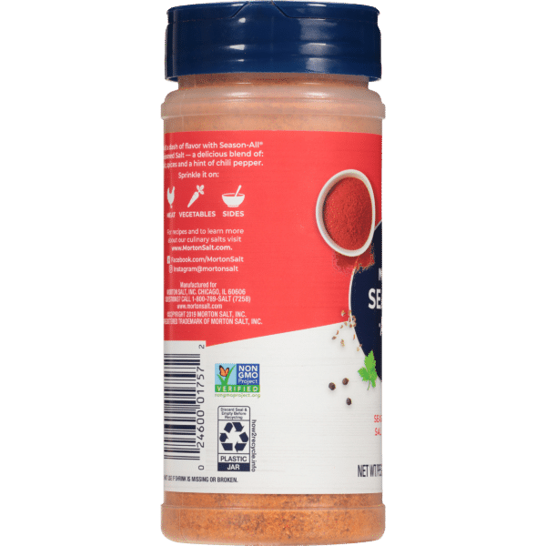 Morton Season-All salt container showcasing a blend of spices and chili pepper, ideal for enhancing the flavor of meats and vegetables. Features a non-GMO verification label and recycling symbol, emphasizing its culinary versatility and commitment to quality.