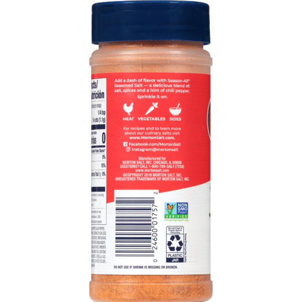 Morton Season-All seasoned salt container, featuring a blend of salt, spices, and a hint of chili pepper, ideal for enhancing the flavor of meat, vegetables, and side dishes. The label includes nutritional information and usage suggestions, along with branding details and contact information for Morton Salt.