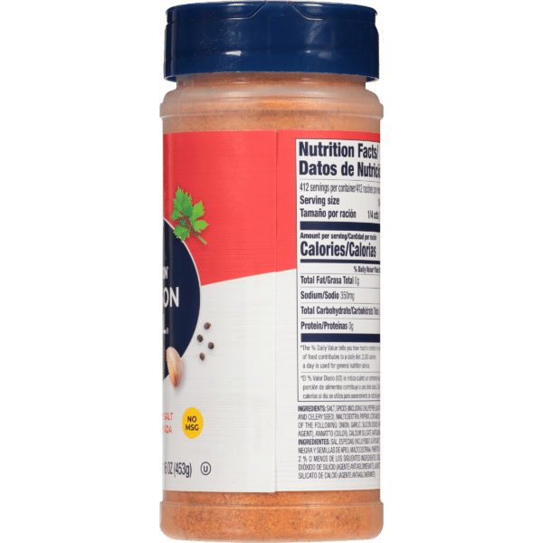 Container of seasoned salt with nutrition facts label, highlighting serving size, sodium content, and ingredients, including no MSG. Ideal for enhancing flavor in various dishes.
