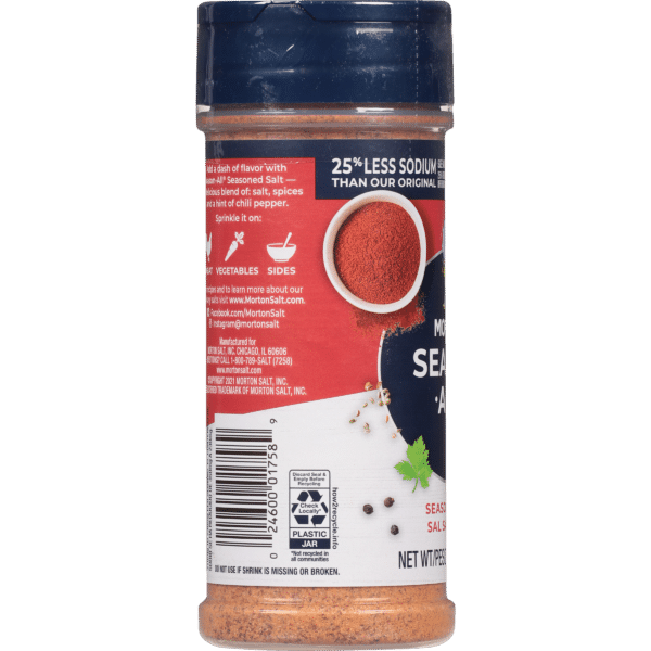 Morton Seasoned Salt container showcasing a 25% less sodium label, featuring a blend of salt, spices, and chili pepper. Ideal for enhancing the flavor of vegetables and side dishes.