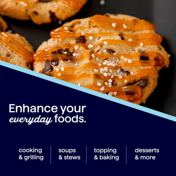 Delicious chocolate chip cookies drizzled with caramel and topped with coarse sea salt, showcasing ways to enhance everyday foods through cooking, grilling, soups, stews, toppings, baking, and desserts.
