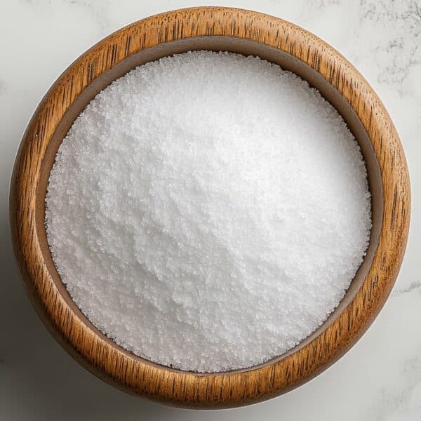 Bowl of coarse sea salt on a marble surface, ideal for culinary use and seasoning, showcasing its textured granules.
