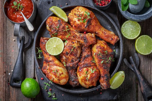Grilled chicken drumsticks seasoned with spices, garnished with fresh herbs and lime wedges, served on a dark plate alongside a bowl of dipping sauce.