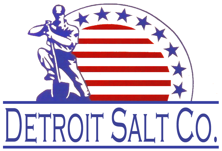 Logo of Detroit Salt Co., featuring a miner figure with a shovel, set against a circular background of red and white stripes and blue stars, representing American heritage. The company name "Detroit Salt Co." is prominently displayed below the graphic.