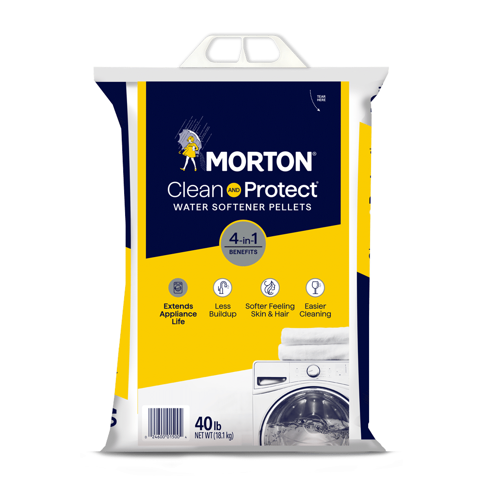 Morton Clean and Protect Water Softener Pellets 40 lb bag featuring 4-in-1 benefits including extending appliance life, reducing buildup, promoting softer skin and hair, and enabling easier cleaning. Ideal for improving water quality in household appliances.