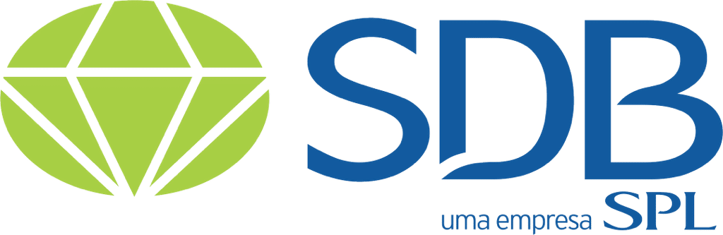 Logo of SDB, a company under the SPL brand, featuring a green diamond shape and blue lettering, symbolizing innovation and quality in business services.