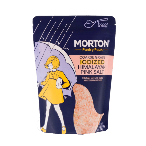 Coarse grain iodized Himalayan pink salt in a resealable pantry pack by Morton, featuring a colorful illustration of a girl with an umbrella. This salt is enriched with iodine, an essential nutrient for health.