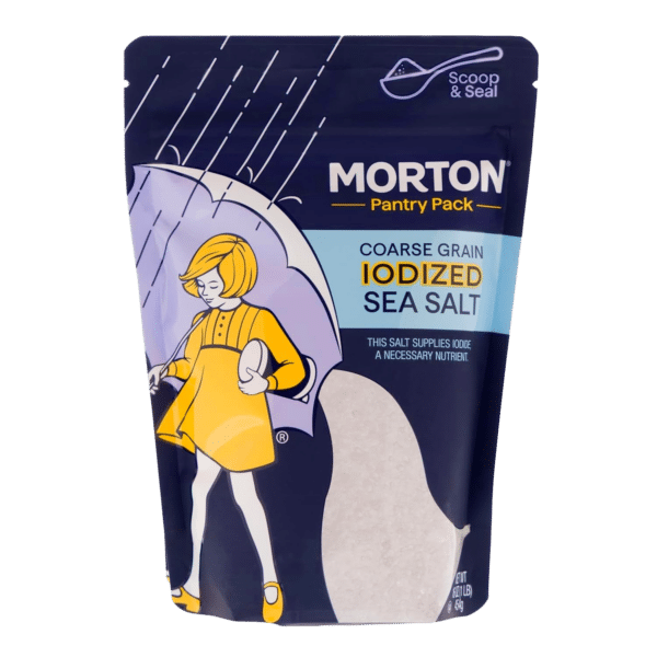 Morton Coarse Grain Iodized Sea Salt pantry pack featuring a whimsical illustration of a girl with an umbrella, emphasizing essential iodine nutrient content. Ideal for enhancing flavor in cooking and baking.