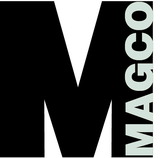 Logo design featuring the letter "M" prominently in black with the word "MAGCO" in a light, modern font, showcasing a sleek and contemporary branding style.