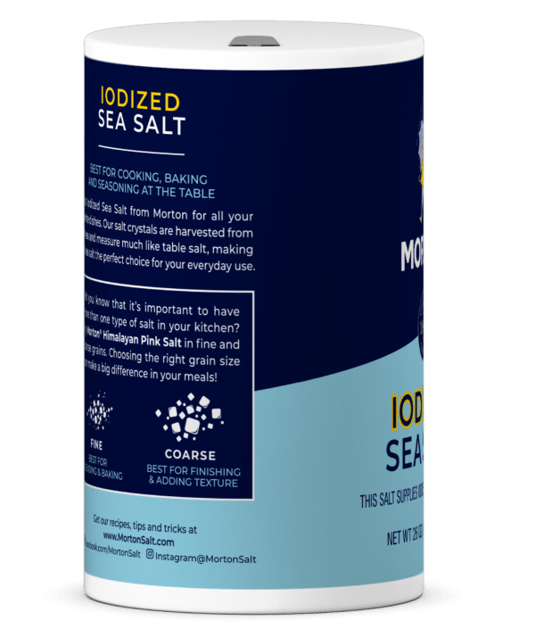 Iodized sea salt container from Morton, ideal for cooking, baking, and table seasoning. Features information on grain sizes for optimal flavor enhancement, promoting the importance of various salt types in the kitchen. 26 oz packaging.