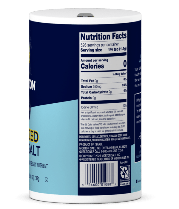 Nutrition label of Morton iodized sea salt container, highlighting serving size, calories, sodium content, and iodine levels. Contains 526 servings per container with 0 calories, 550mg sodium, and 60mcg iodine per serving.