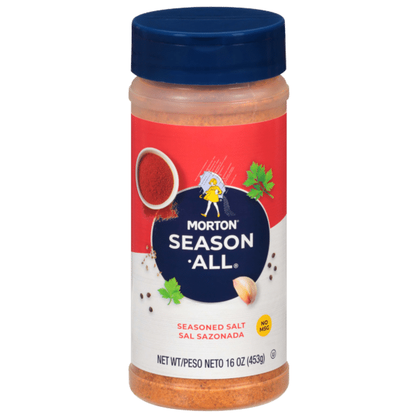Morton Season-All seasoned salt container, 16 oz, featuring a red label with the brand name, an illustration of a chef, and a "No MSG" note. Ideal for enhancing flavor in various dishes.