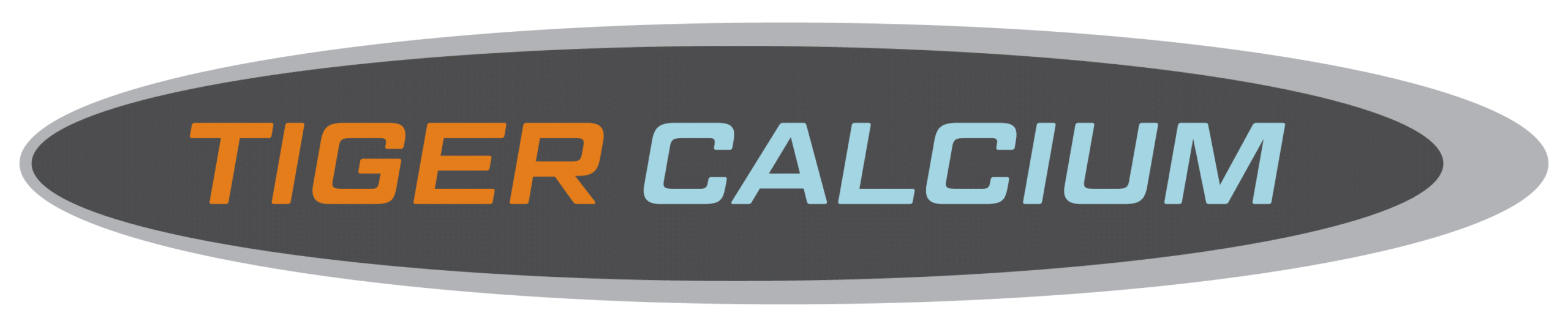 Logo of Tiger Calcium, featuring bold orange and blue text on a dark gray oval background, representing the calcium industry.