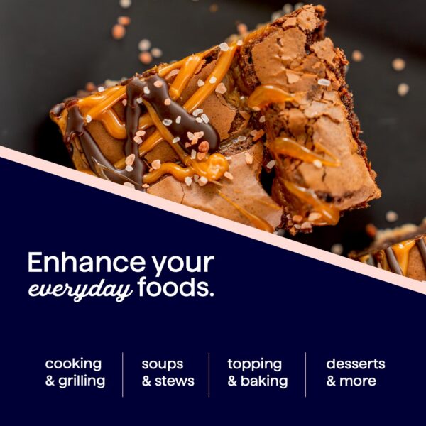Delicious brownie topped with caramel and chocolate drizzle, showcasing a tempting dessert option. The image promotes enhancing everyday foods for cooking, grilling, soups, stews, toppings, baking, and desserts.