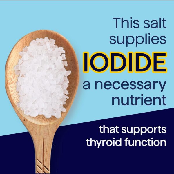 Salt with iodide on a wooden spoon, highlighting its role as a necessary nutrient for supporting thyroid function.