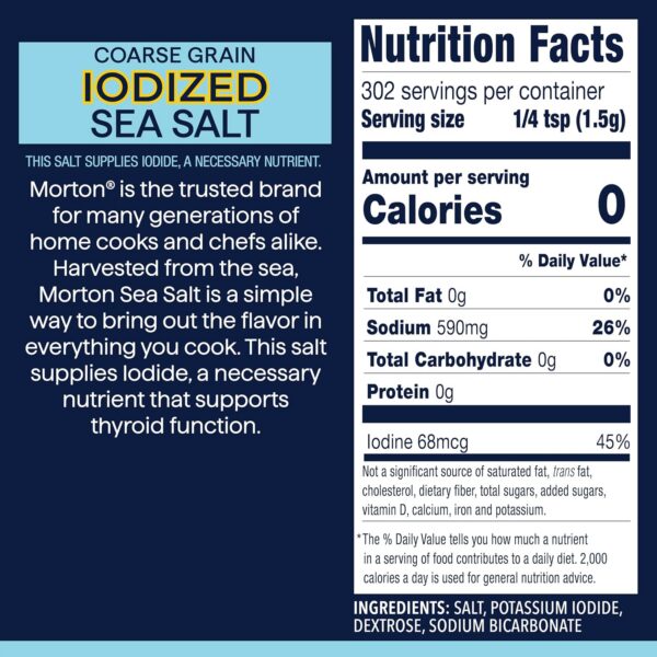Alt text: Nutritional label for Morton coarse grain iodized sea salt, highlighting its iodine content, sodium levels, and zero calories per serving. The label emphasizes the salt's role in enhancing flavor and supporting thyroid function, with a serving size of 1/4 teaspoon.