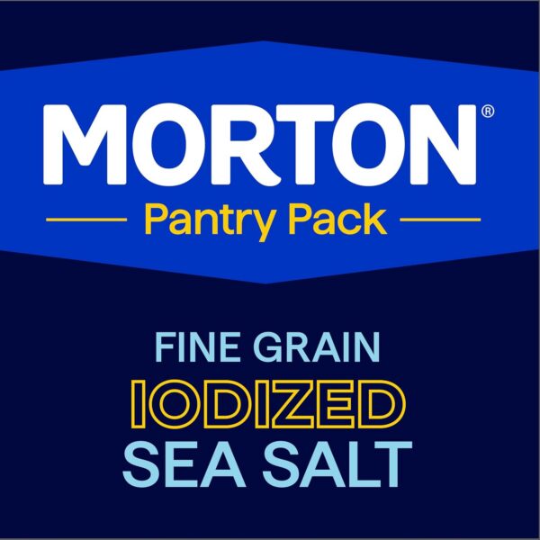 Morton Pantry Pack fine grain iodized sea salt packaging, featuring a blue background with clear branding and product details. Ideal for enhancing flavor in cooking and baking.