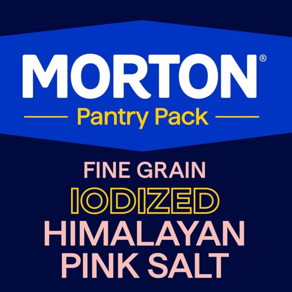 Morton Pantry Pack Fine Grain Iodized Himalayan Pink Salt packaging, featuring a blue background with bold text highlighting the product name and key attributes for culinary use.