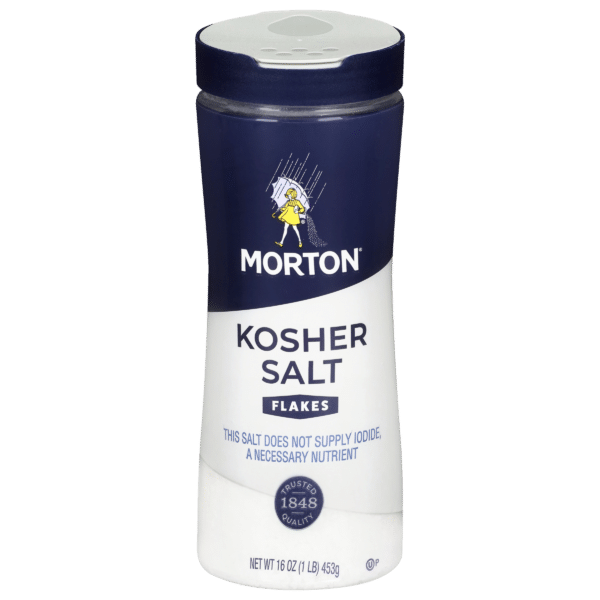 Morton Kosher Salt Flakes container, 16 oz, featuring a blue and white design with the brand logo and a note about the absence of iodide. Ideal for seasoning and cooking, this kosher salt is known for its flaky texture and trusted quality since 1848.