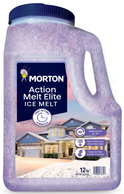 Morton Action Melt Elite Ice Melt container, featuring a fast-acting formula that melts ice down to -15°F. The 12 lb package highlights its effectiveness compared to rock salt and includes easy-to-see purple crystals for visibility. Ideal for winter weather ice management.