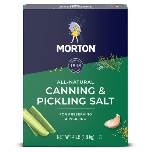 Morton all-natural canning and pickling salt box, 4 lb (1.8 kg), designed for preserving and pickling vegetables, featuring cucumbers and garlic on the packaging.