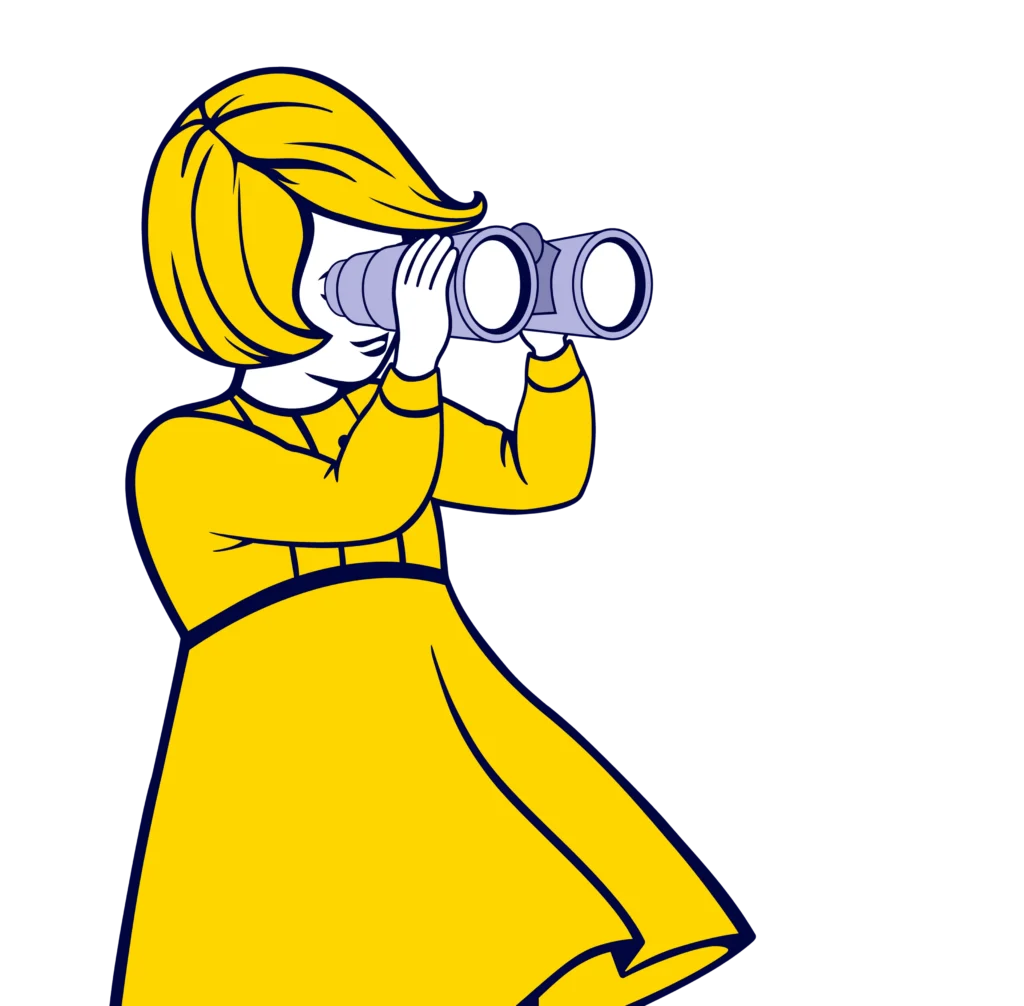 Illustration of a child in a yellow dress using binoculars to observe the surroundings, set against a dark blue background.