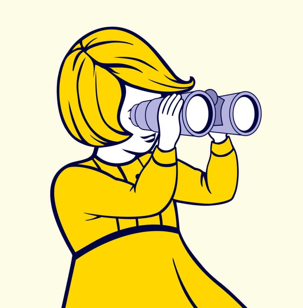 Illustration of a young girl with short yellow hair, wearing a bright yellow dress, looking through binoculars. The background is a soft cream color, emphasizing the girl's curiosity and adventurous spirit.