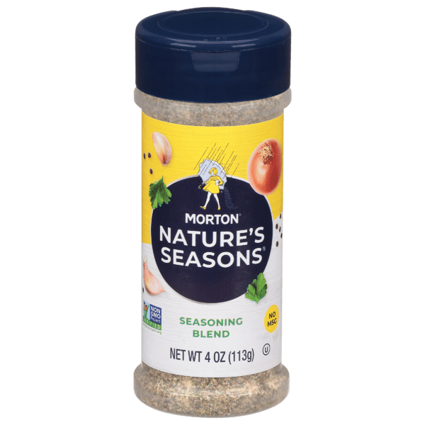 Morton Nature's Seasons seasoning blend in a 4 oz container, featuring a mix of herbs and spices, labeled as non-GMO and MSG-free, perfect for enhancing the flavor of various dishes.