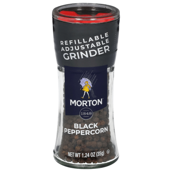 Morton Black Peppercorn Refillable Adjustable Grinder, 1.24 oz (35g), featuring a clear glass body and black cap for easy seasoning control in cooking and meal preparation.